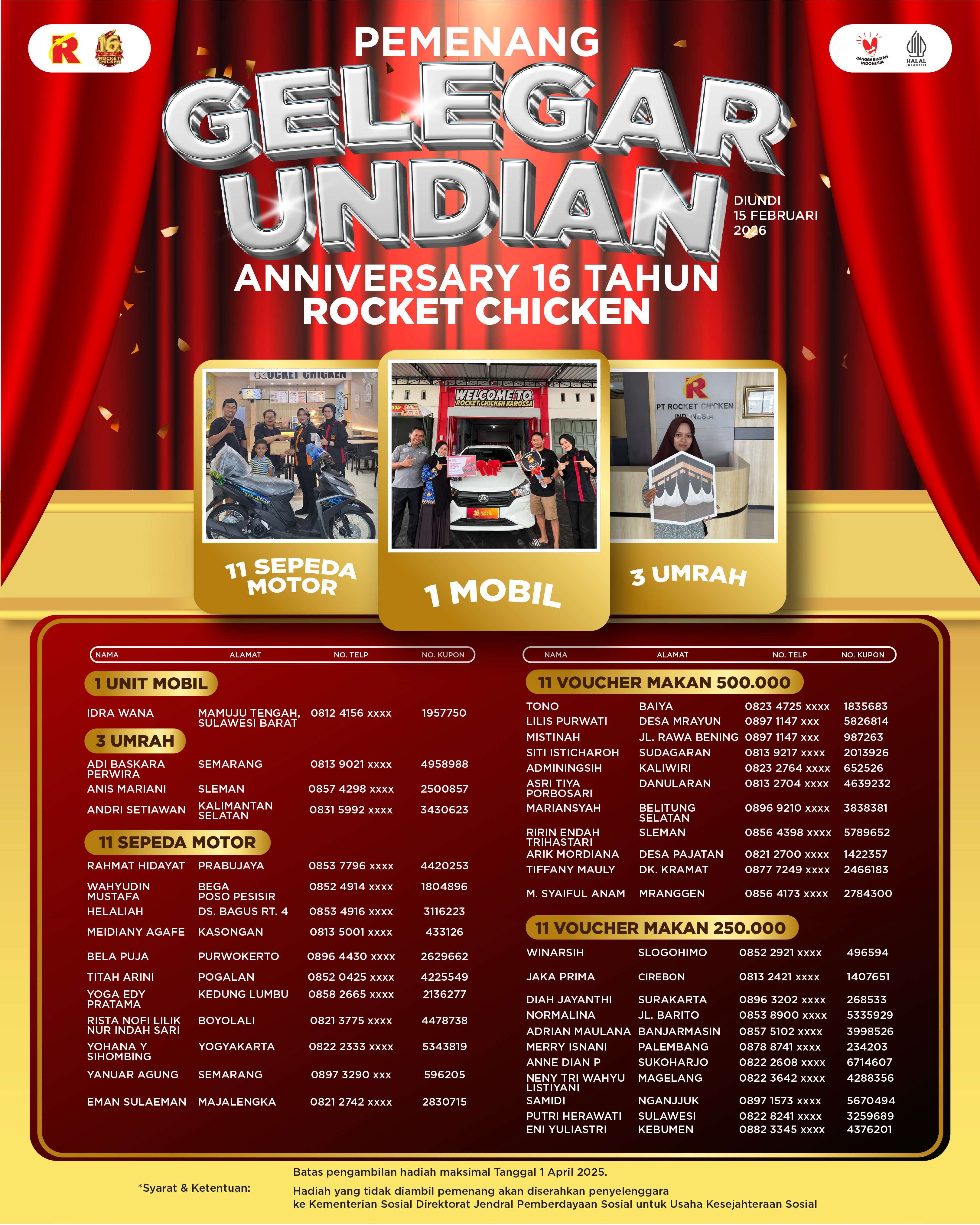 Para Pemenang Undian Gelegar Rocket Chicken 16 TH